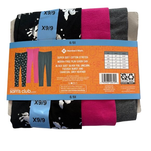 Members Mark Girls 3-Pack Leggings 6/6X Charcoal Grey Fuchsia Black UnicornPrint - Picture 2 of 6